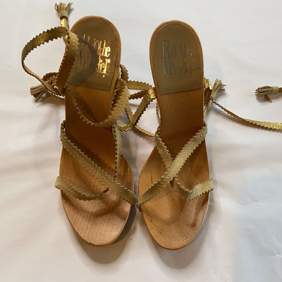 RODOLPHE MENUDIER WOODEN GOLD SUEDE PLATFORM HIGH WRAP‎ SANDAL SIZE 9 - Picture 1 of 6